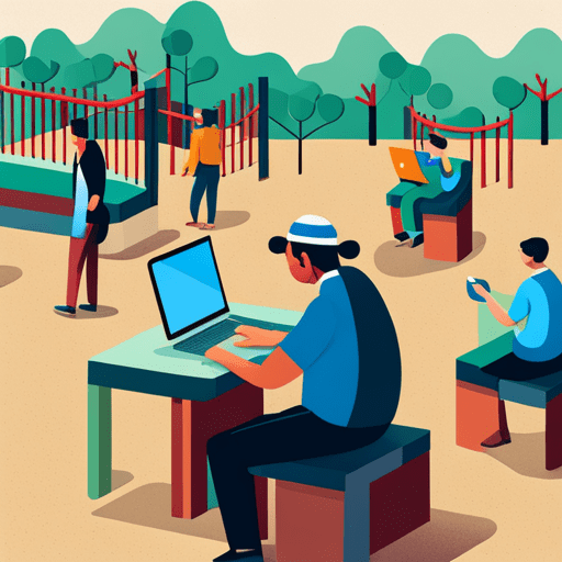 People with computers at a playground